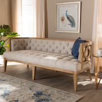 Baxton Studio TSF99113-Beige/Natural Oak-SF Agnes French Provincial Beige Linen Fabric Upholstered and White-Washed Oak Wood Sofa